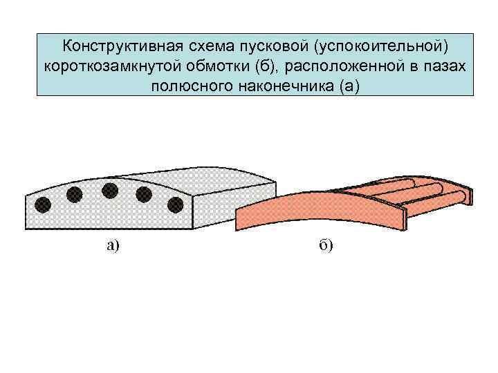 Конструктивная схема пусковой (успокоительной) короткозамкнутой обмотки (б), расположенной в пазах полюсного наконечника (а) 