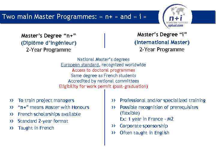 Two main Master Programmes: « n+ » and « i » Master’s Degree “n+”