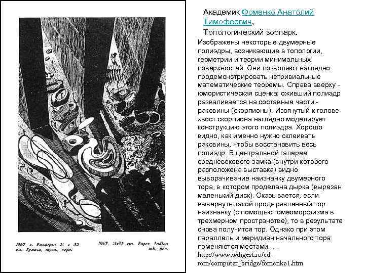 Академик Фоменко Анатолий Тимофеевич, Топологический зоопарк. Изображены некоторые двумерные полиэдры, возникающие в топологии, геометрии