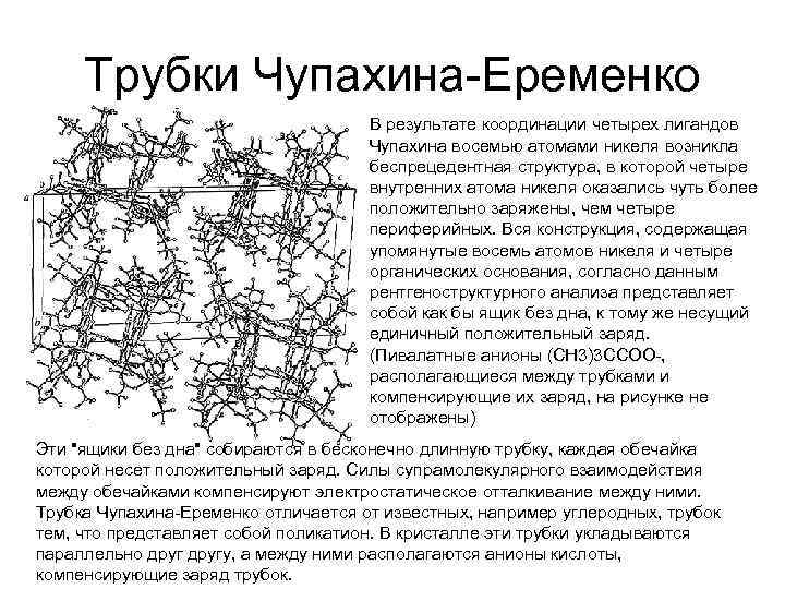Трубки Чупахина-Еременко В результате координации четырех лигандов Чупахина восемью атомами никеля возникла беспрецедентная структура,