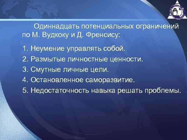 Одиннадцать потенциальных ограничений по М. Вудкоку и Д. Френсису: 1. Неумение управлять собой. 2.