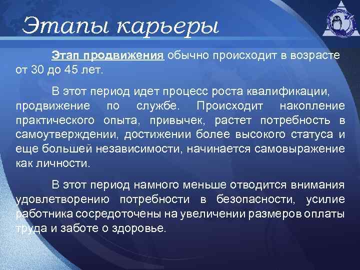 Этапы карьеры Этап продвижения обычно происходит в возрасте от 30 до 45 лет. В