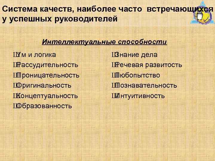Система качеств, наиболее часто встречающихся у успешных руководителей Интеллектуальные способности Ш и логика Ум