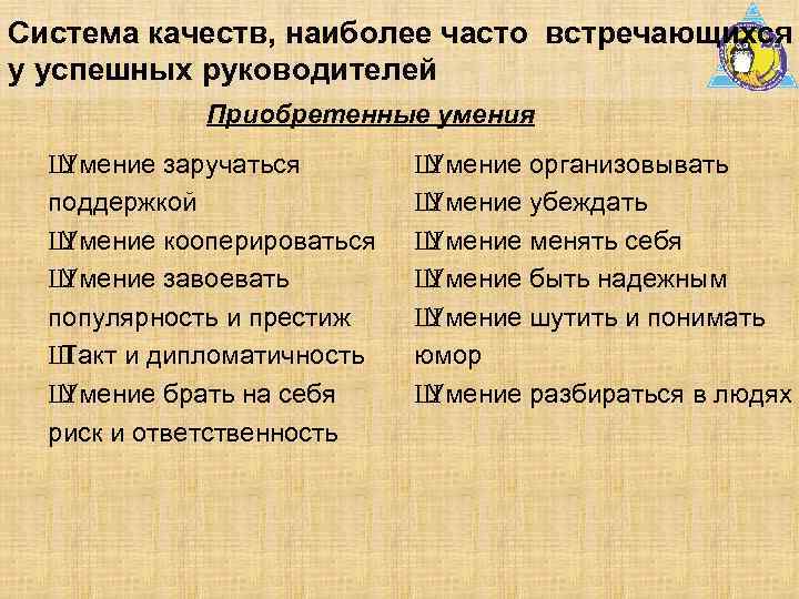 Система качеств, наиболее часто встречающихся у успешных руководителей Приобретенные умения Ш Умение заручаться поддержкой