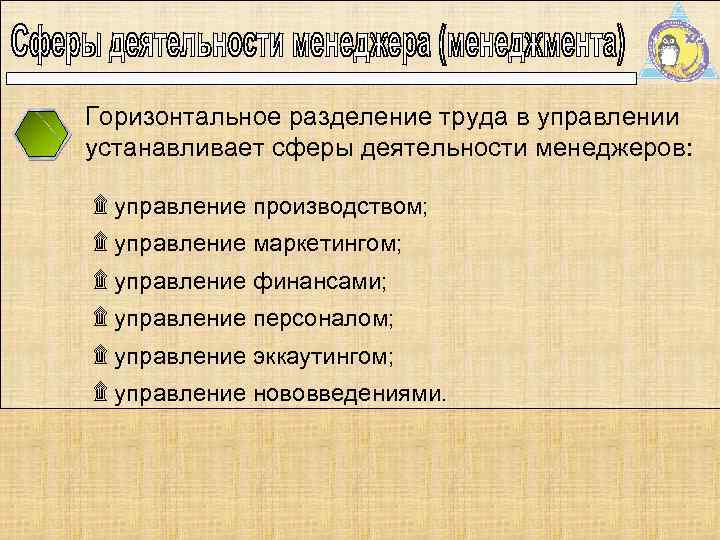 Горизонтальное разделение труда в управлении устанавливает сферы деятельности менеджеров: ۩ управление производством; ۩ управление