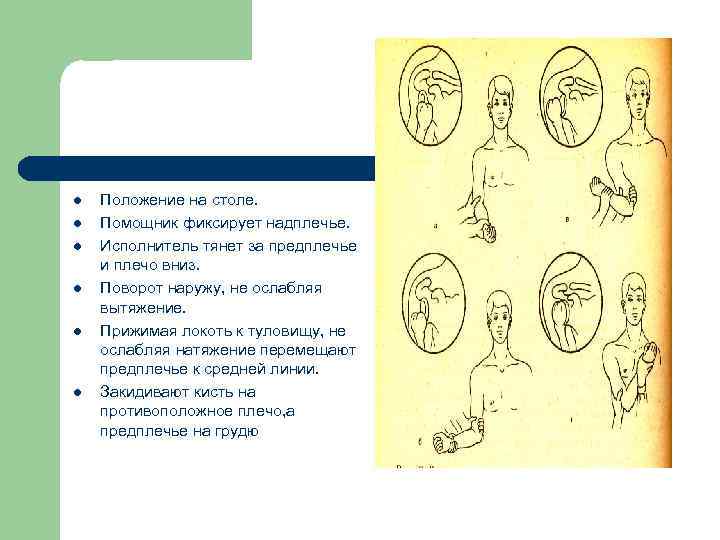 l l l Положение на столе. Помощник фиксирует надплечье. Исполнитель тянет за предплечье и