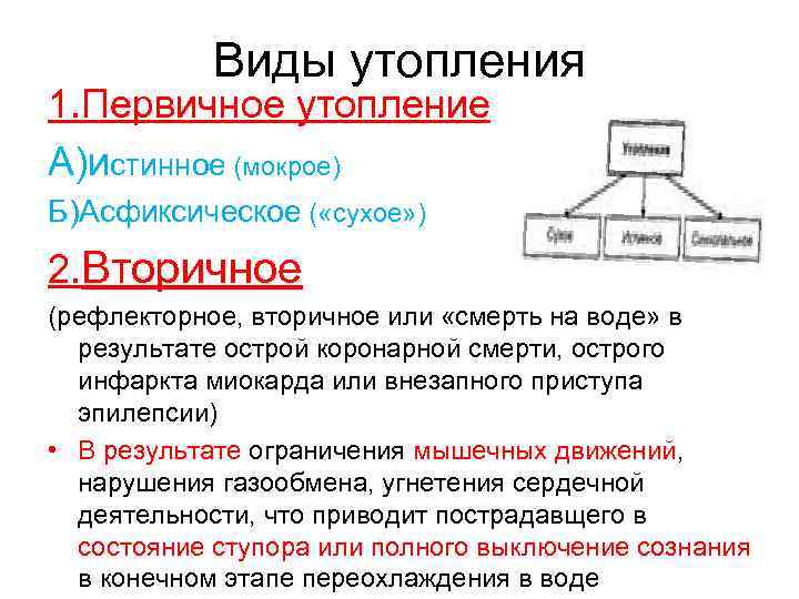 Виды утопления 1. Первичное утопление А)истинное (мокрое) Б)Асфиксическое ( «сухое» ) 2. Вторичное (рефлекторное,