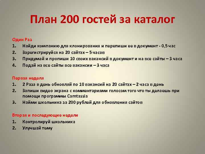 План 200 гостей за каталог Один Раз 1. Найди компанию для клонирования и перепиши