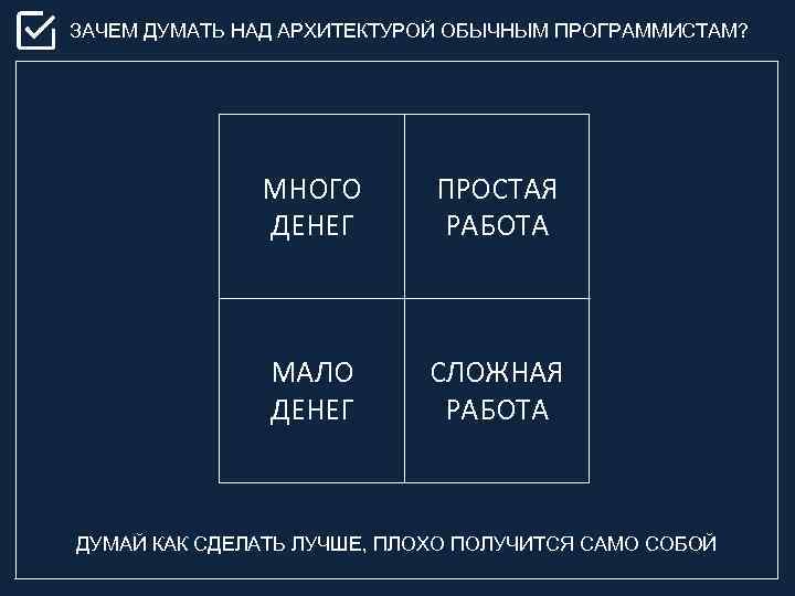 ЗАЧЕМ ДУМАТЬ НАД АРХИТЕКТУРОЙ ОБЫЧНЫМ ПРОГРАММИСТАМ? МНОГО ДЕНЕГ ПРОСТАЯ РАБОТА МАЛО ДЕНЕГ СЛОЖНАЯ РАБОТА