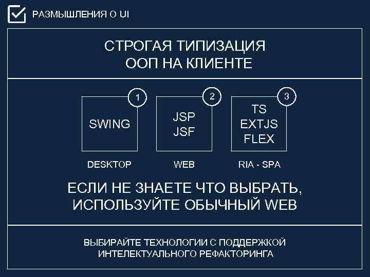 РАЗМЫШЛЕНИЯ О UI СТРОГАЯ ТИПИЗАЦИЯ ООП НА КЛИЕНТЕ 2 1 3 SWING JSP JSF