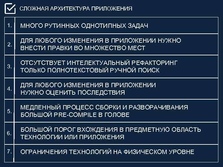 СЛОЖНАЯ АРХИТЕКТУРА ПРИЛОЖЕНИЯ 1. МНОГО РУТИННЫХ ОДНОТИПНЫХ ЗАДАЧ 2. ДЛЯ ЛЮБОГО ИЗМЕНЕНИЯ В ПРИЛОЖЕНИИ