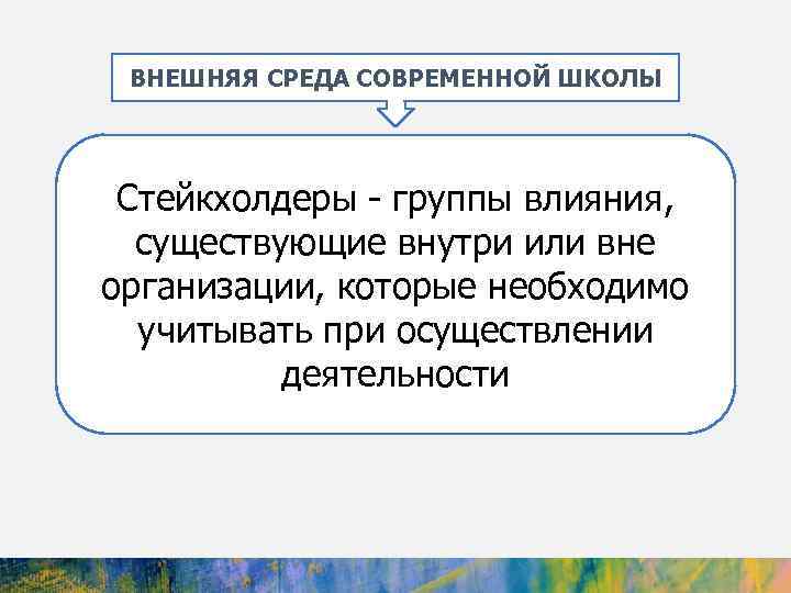 ВНЕШНЯЯ СРЕДА СОВРЕМЕННОЙ ШКОЛЫ Стейкхолдеры - группы влияния, существующие внутри или вне организации, которые