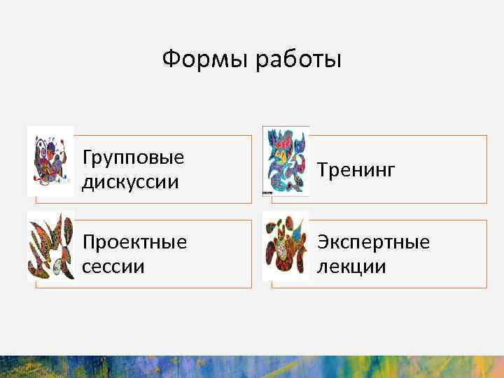Формы работы Групповые дискуссии Тренинг Проектные сессии Экспертные лекции 