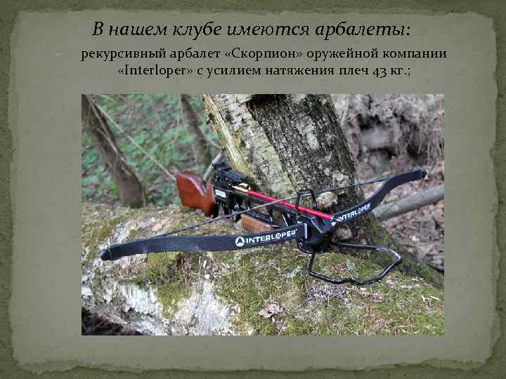 В нашем клубе имеются арбалеты: - рекурсивный арбалет «Скорпион» оружейной компании «Interloper» с усилием