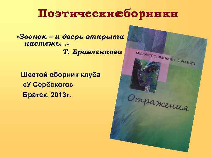 Поэтические сборники «Звонок – и дверь открыта настежь…» Т. Бравленкова Шестой сборник клуба «У