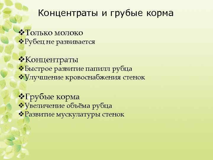 Концентраты и грубые корма v. Только молоко v. Рубец не развивается v. Концентраты v.