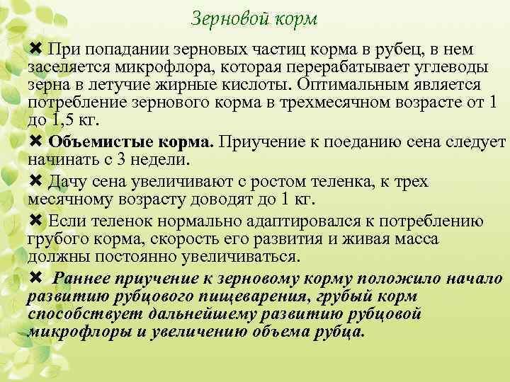 Зерновой корм При попадании зерновых частиц корма в рубец, в нем заселяется микрофлора, которая