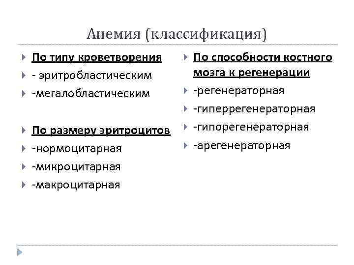Анемия (классификация) По типу кроветворения - эритробластическим -мегалобластическим По размеру эритроцитов -нормоцитарная -микроцитарная -макроцитарная