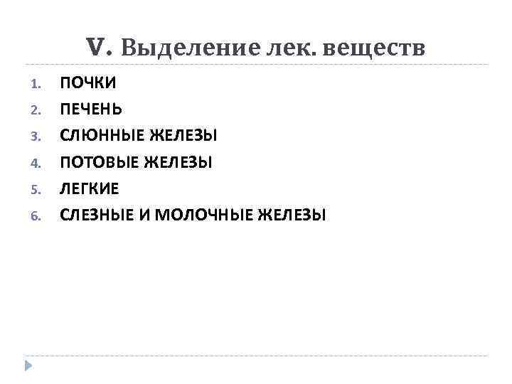 V. Выделение лек. веществ 1. 2. 3. 4. 5. 6. ПОЧКИ ПЕЧЕНЬ СЛЮННЫЕ ЖЕЛЕЗЫ