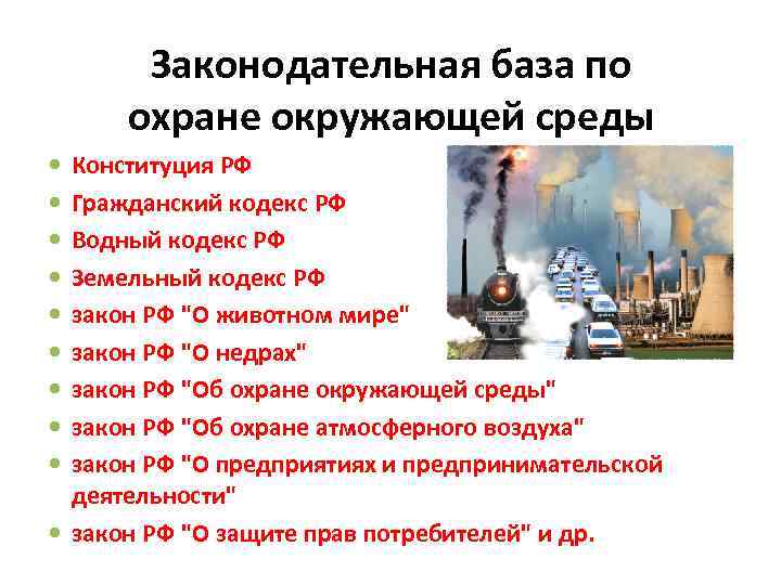 Законодательная база по охране окружающей среды Конституция РФ Гражданский кодекс РФ Водный кодекс РФ