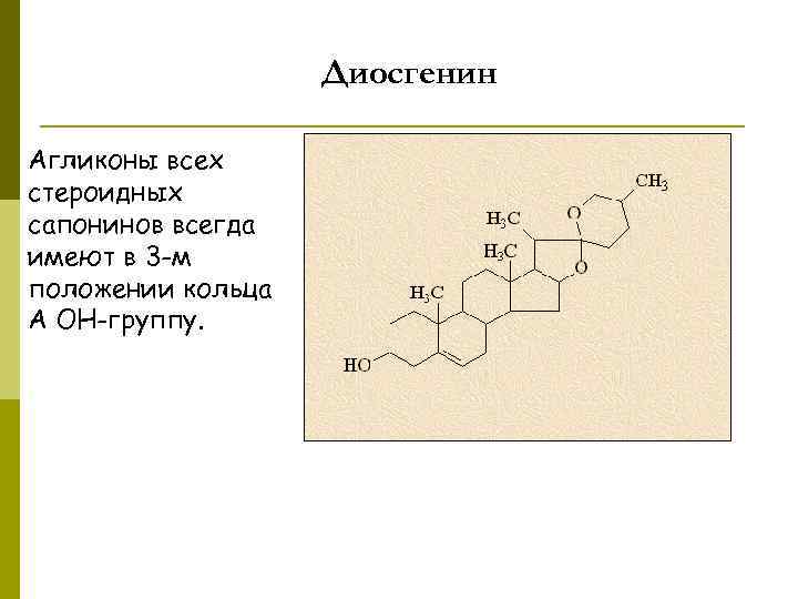 Диосгенин Агликоны всех стероидных сапонинов всегда имеют в 3 -м положении кольца А ОН-группу.