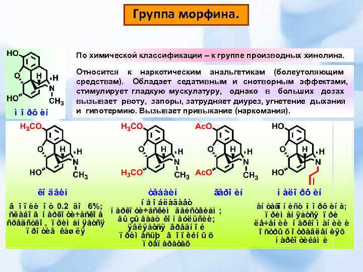 Группа морфина. По химической классификации – к группе производных хинолина. Относится к наркотическим анальгетикам