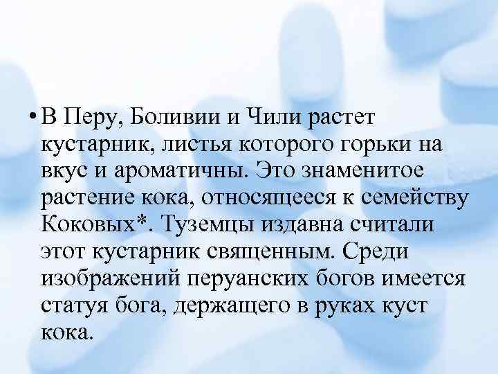  • В Перу, Боливии и Чили растет кустарник, листья которого горьки на вкус