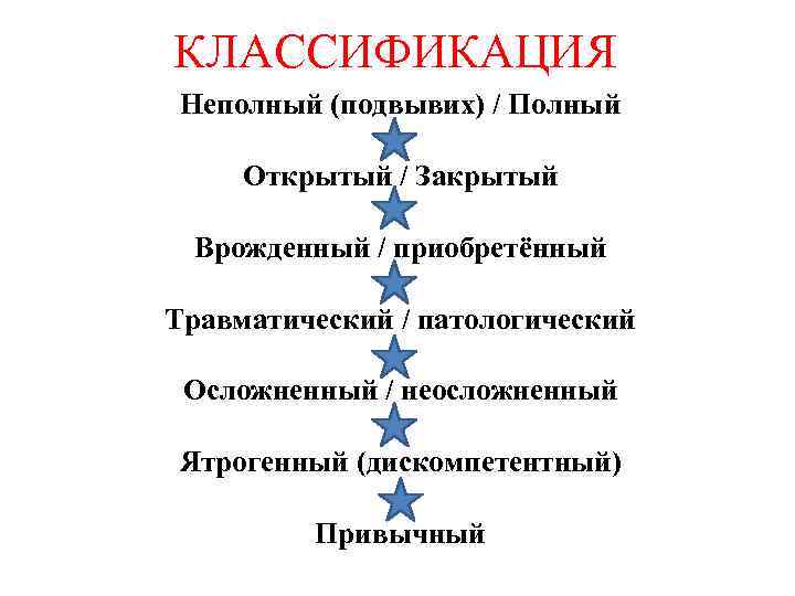 КЛАССИФИКАЦИЯ Неполный (подвывих) / Полный Открытый / Закрытый Врожденный / приобретённый Травматический / патологический