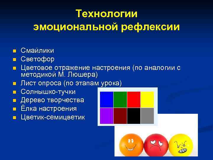 Технологии эмоциональной рефлексии n n n n Смайлики Светофор Цветовое отражение настроения (по аналогии