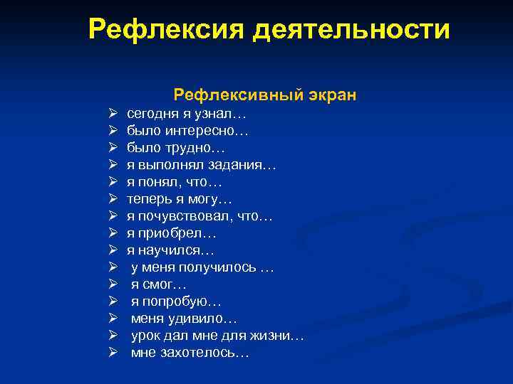 Рефлексия деятельности Рефлексивный экран Ø Ø Ø Ø сегодня я узнал… было интересно… было