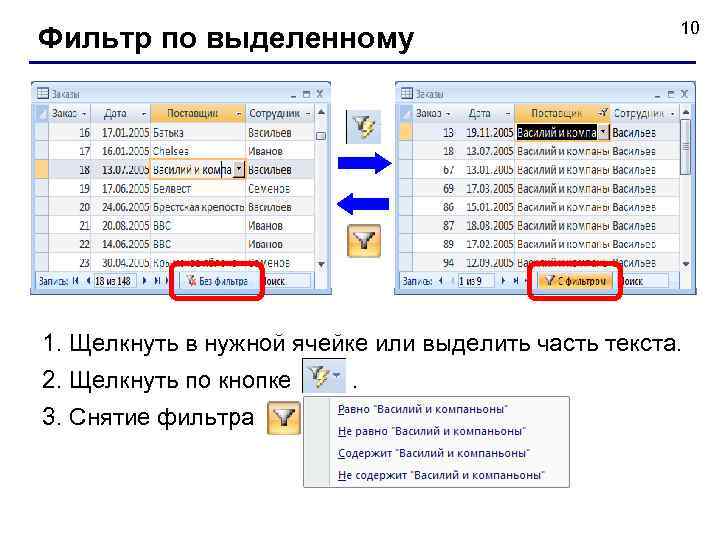 Фильтр по выделенному 10 1. Щелкнуть в нужной ячейке или выделить часть текста. 2.