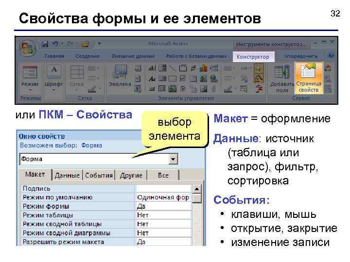Свойства формы и ее элементов или ПКМ – Свойства выбор элемента 32 Макет =