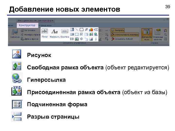 Добавление новых элементов 39 Рисунок Свободная рамка объекта (объект редактируется) Гиперссылка Присоединенная рамка объекта