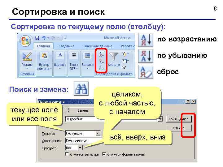 8 Сортировка и поиск Сортировка по текущему полю (столбцу): по возрастанию по убыванию сброс
