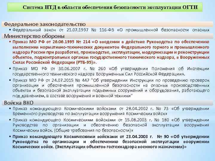 Система НТД в области обеспечения безопасности эксплуатации ОГТН Федеральное законодательство • Федеральный закон от