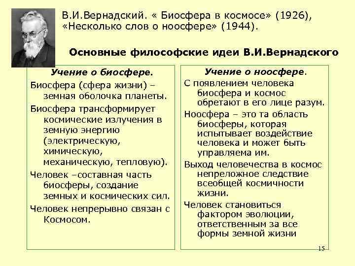 В. И. Вернадский. « Биосфера в космосе» (1926), «Несколько слов о ноосфере» (1944). Основные