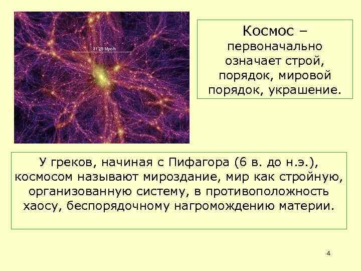 Космос – первоначально означает строй, порядок, мировой порядок, украшение. У греков, начиная с Пифагора