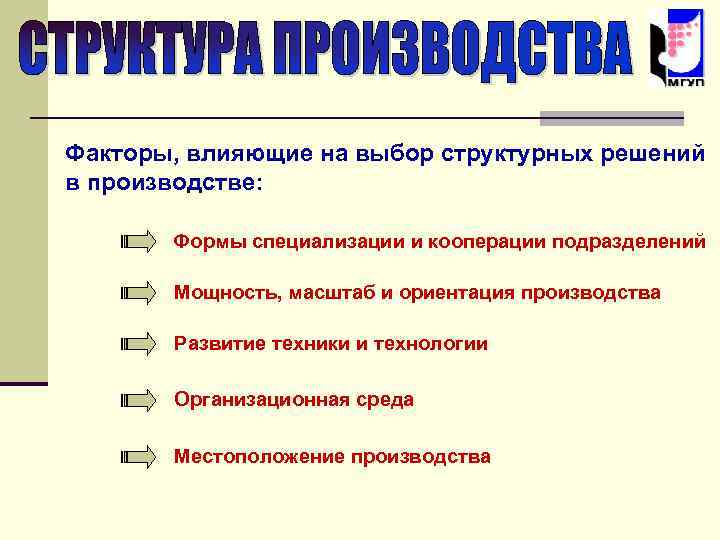 Факторы, влияющие на выбор структурных решений в производстве: Формы специализации и кооперации подразделений Мощность,