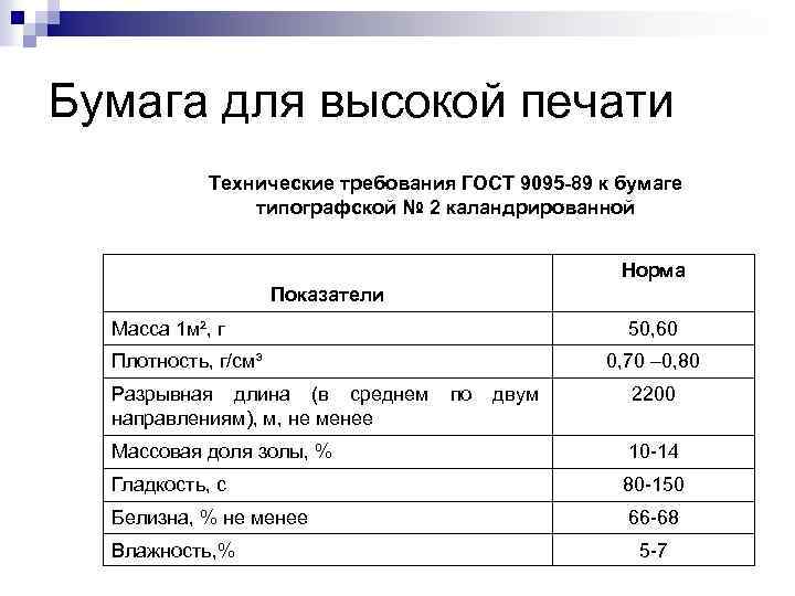 Бумага для высокой печати Технические требования ГОСТ 9095 -89 к бумаге типографской № 2