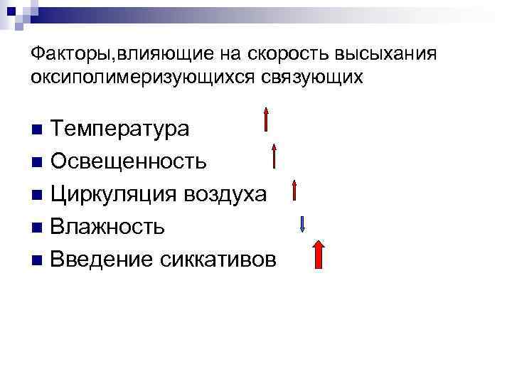 Факторы, влияющие на скорость высыхания оксиполимеризующихся связующих Температура n Освещенность n Циркуляция воздуха n