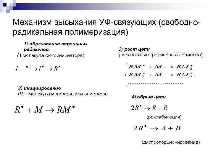 Механизм высыхания УФ-связующих (свободнорадикальная полимеризация) 1) образование первичных радикалов ( I-молекула фотоинициатора) 2) инициирование