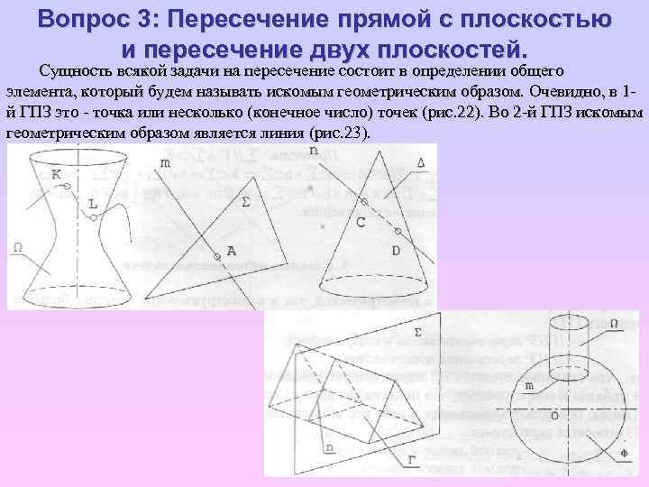Вопрос 3: Пересечение прямой с плоскостью и пересечение двух плоскостей. Сущность всякой задачи на