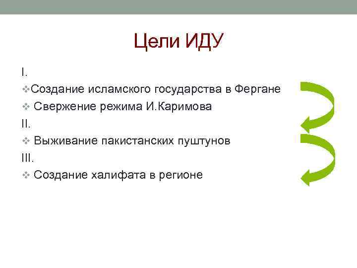 Цели ИДУ I. v. Создание исламского государства в Фергане v Свержение режима И. Каримова