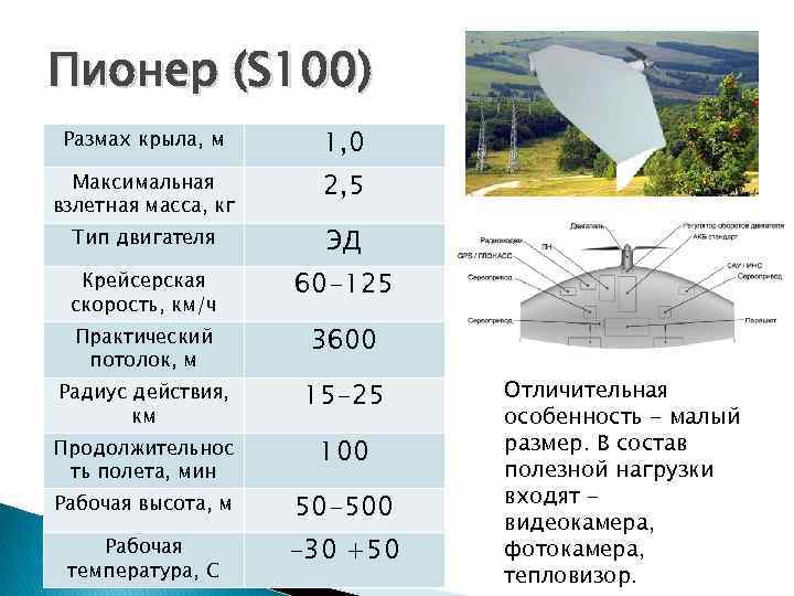 Пионер (S 100) Размах крыла, м 1, 0 Максимальная взлетная масса, кг 2, 5