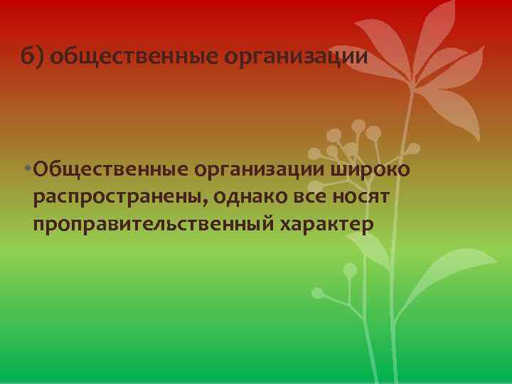 б) общественные организации • Общественные организации широко распространены, однако все носят проправительственный характер 