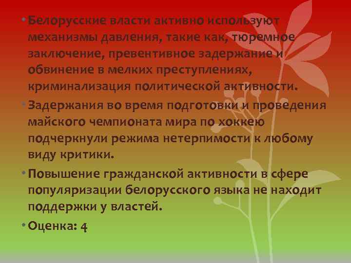  • Белорусские власти активно используют механизмы давления, такие как, тюремное заключение, превентивное задержание