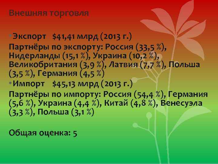 Внешняя торговля • Экспорт $41, 41 млрд (2013 г. ) Партнёры по экспорту: Россия