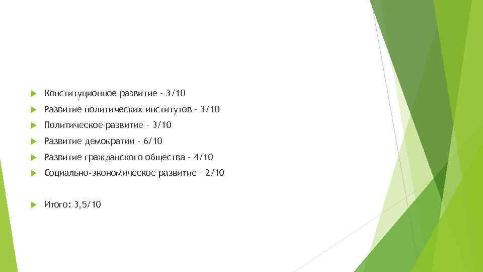  Конституционное развитие – 3/10 Развитие политических институтов – 3/10 Политическое развитие – 3/10