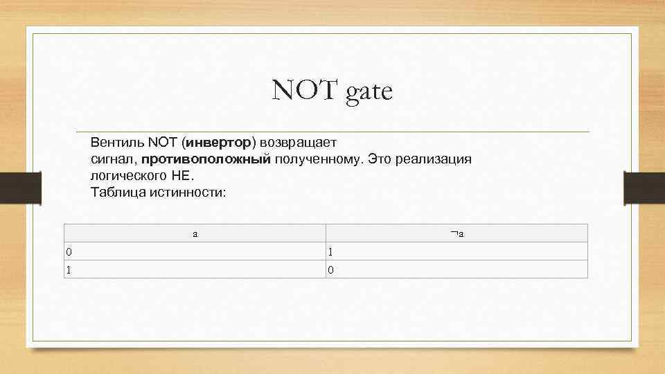 NOT gate Вентиль NOT (инвертор) возвращает сигнал, противоположный полученному. Это реализация логического НЕ. Таблица