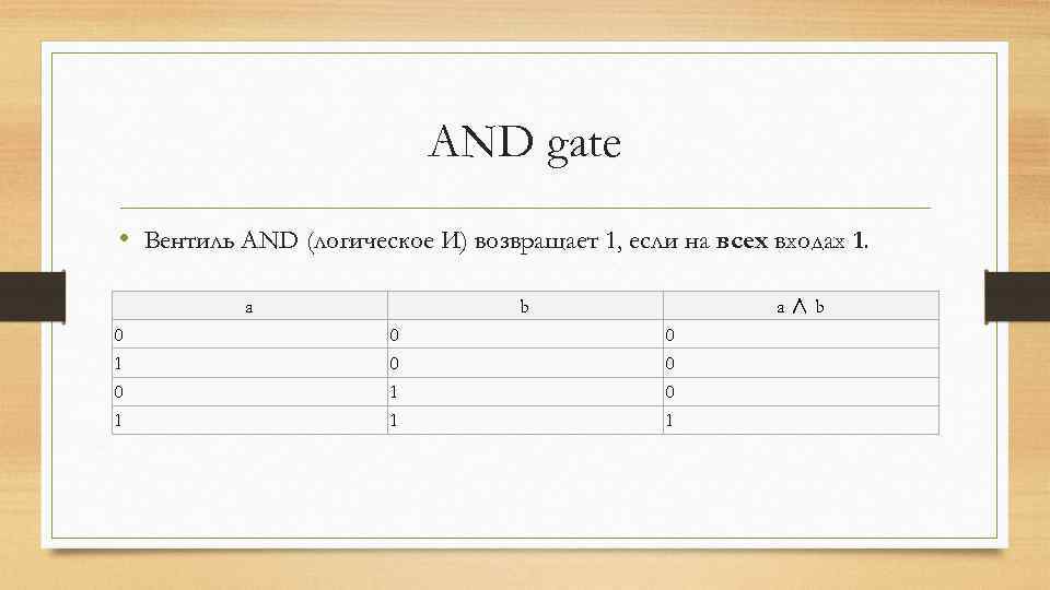 AND gate • Вентиль AND (логическое И) возвращает 1, если на всех входах 1.
